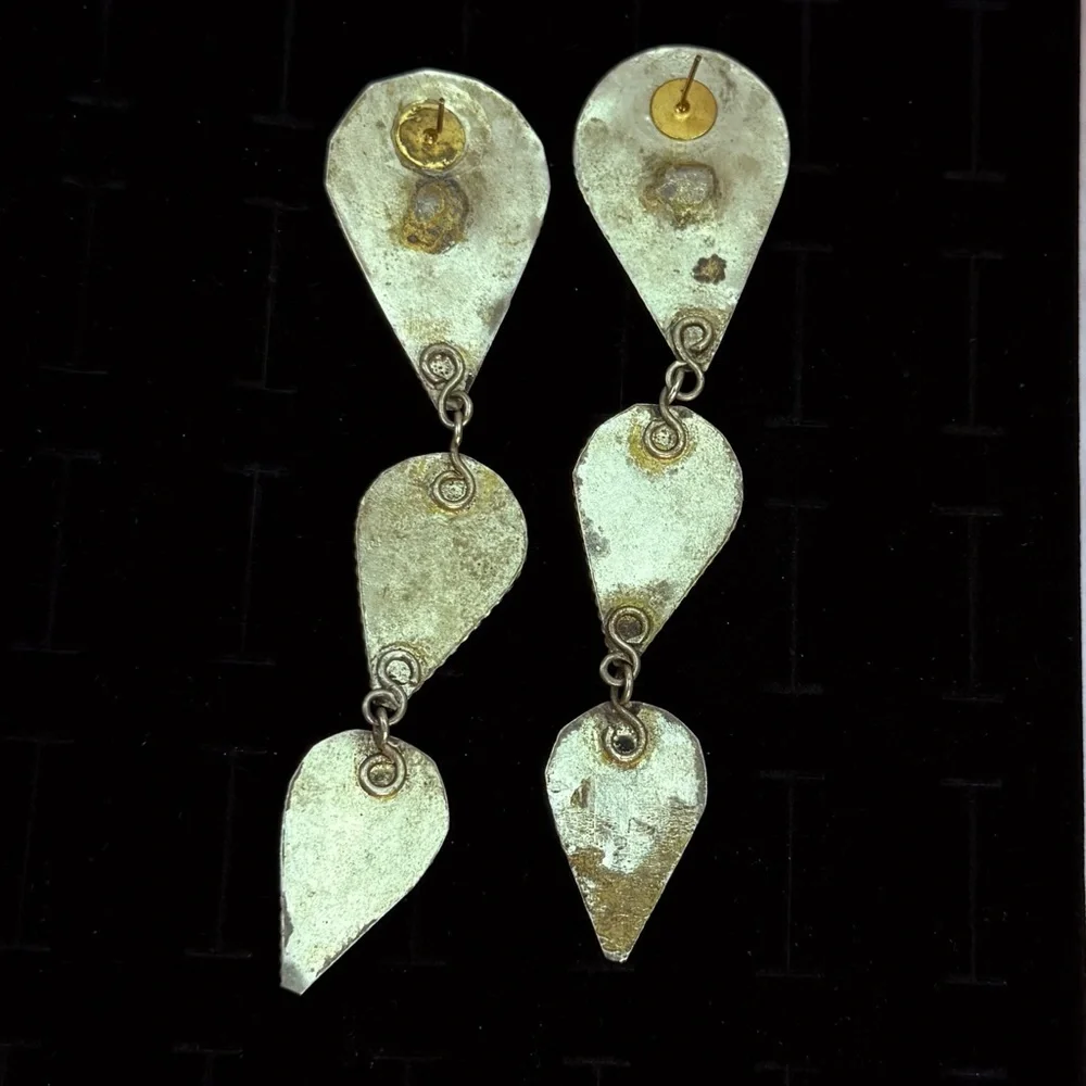 Gorgeous, vintage weighted, Silvertone and black costume long pierced earrings